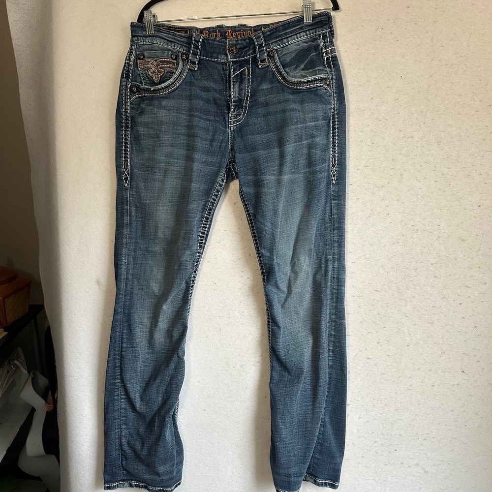 Rock Revival Valko Bootcut Jeans sz 33 Blue Medium Wash Fleur-De-Lis Embroidered